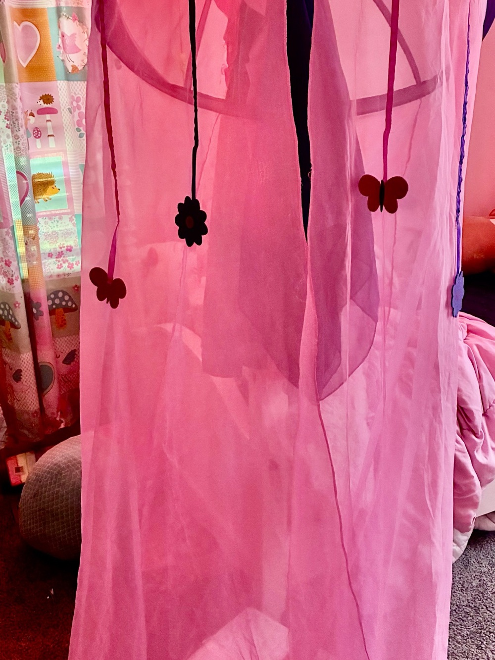 Pink Sheer Bed Canopy Net with Butterfly & Flower Charms